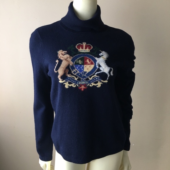 Sold Ralph Lauren Vtg Crest Cashmere Turtleneck - Picture 1 of 8